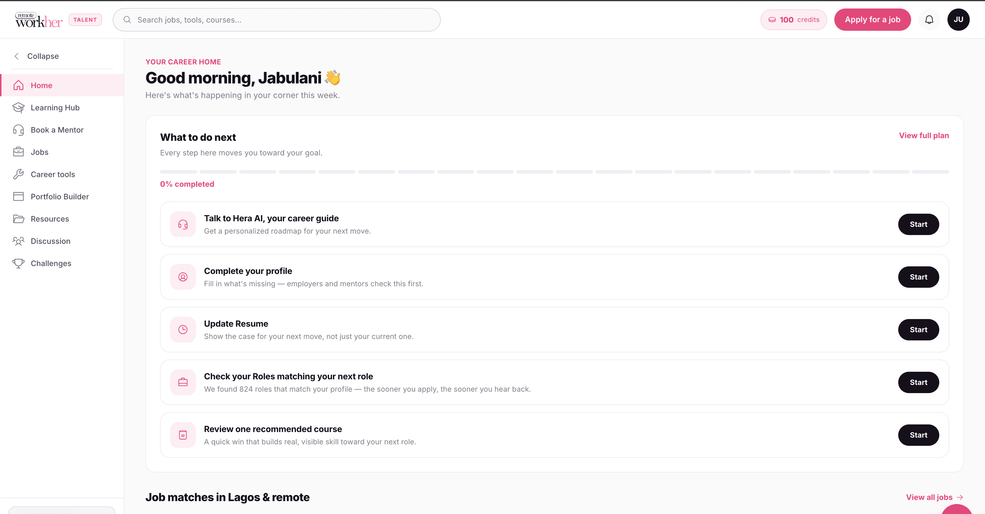 The Remote WorkHER dashboard, showing a personalized action plan